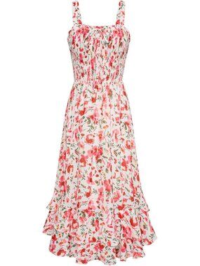 Women's Maxi Dress Pink Floral Square Neck Sleeveless A LINE Summer Soft Comfort